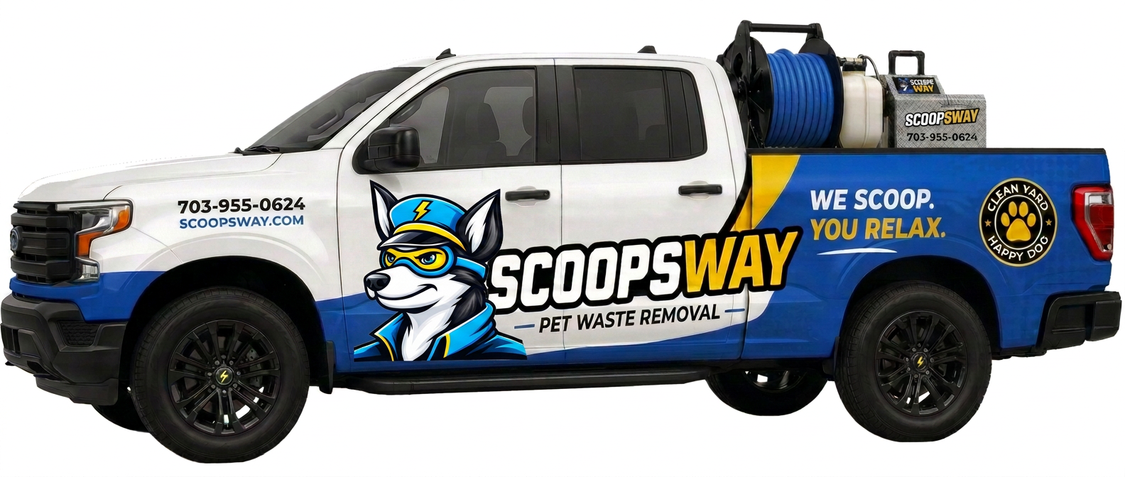 The ScoopsWay service truck — branded pet waste removal vehicle for Northern Virginia